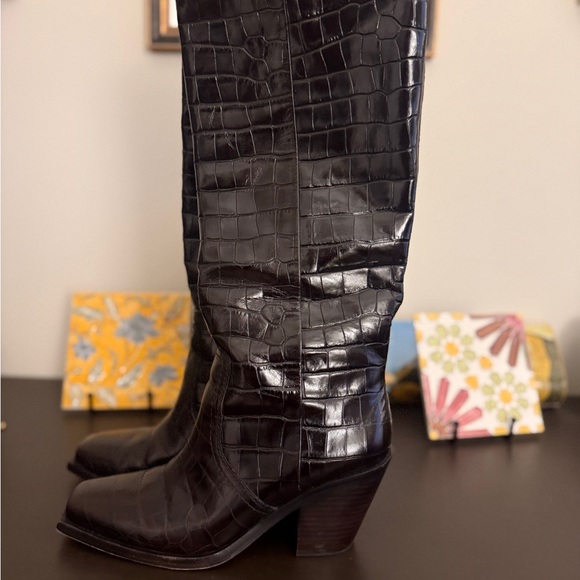 Loeffler Randall Dark Brown Croc-Embossed  Knee Boots- Leather - Picture 4 of 8
